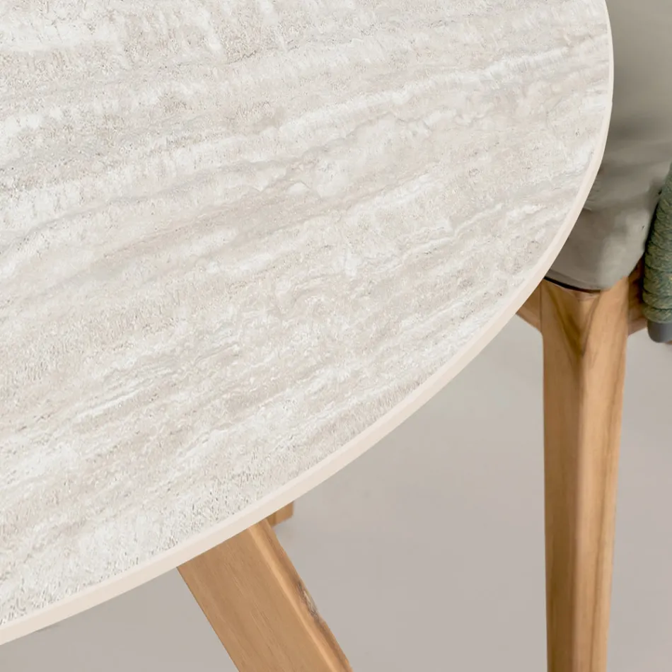 Ronde buitentafel in licht travertijn keramiek Made in Italy - Pegaso Viadurini