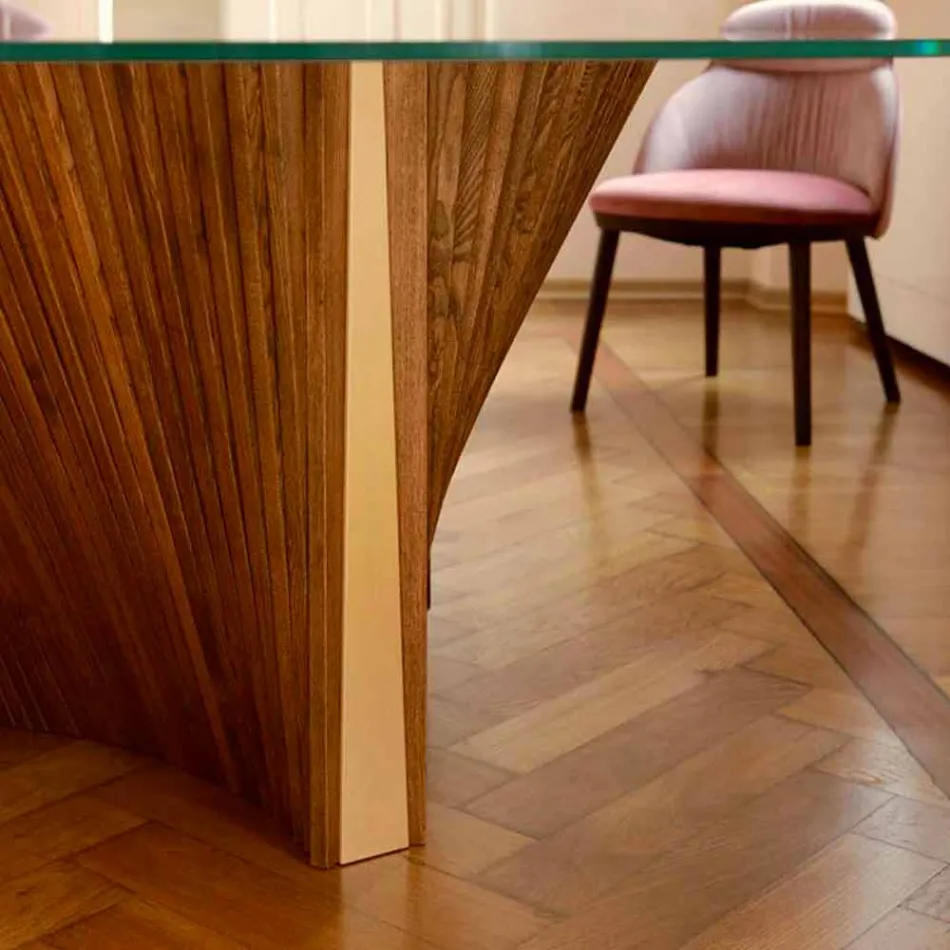 Ronde designtafel van glas en geolied essenhout Made in Italy - Madame Viadurini