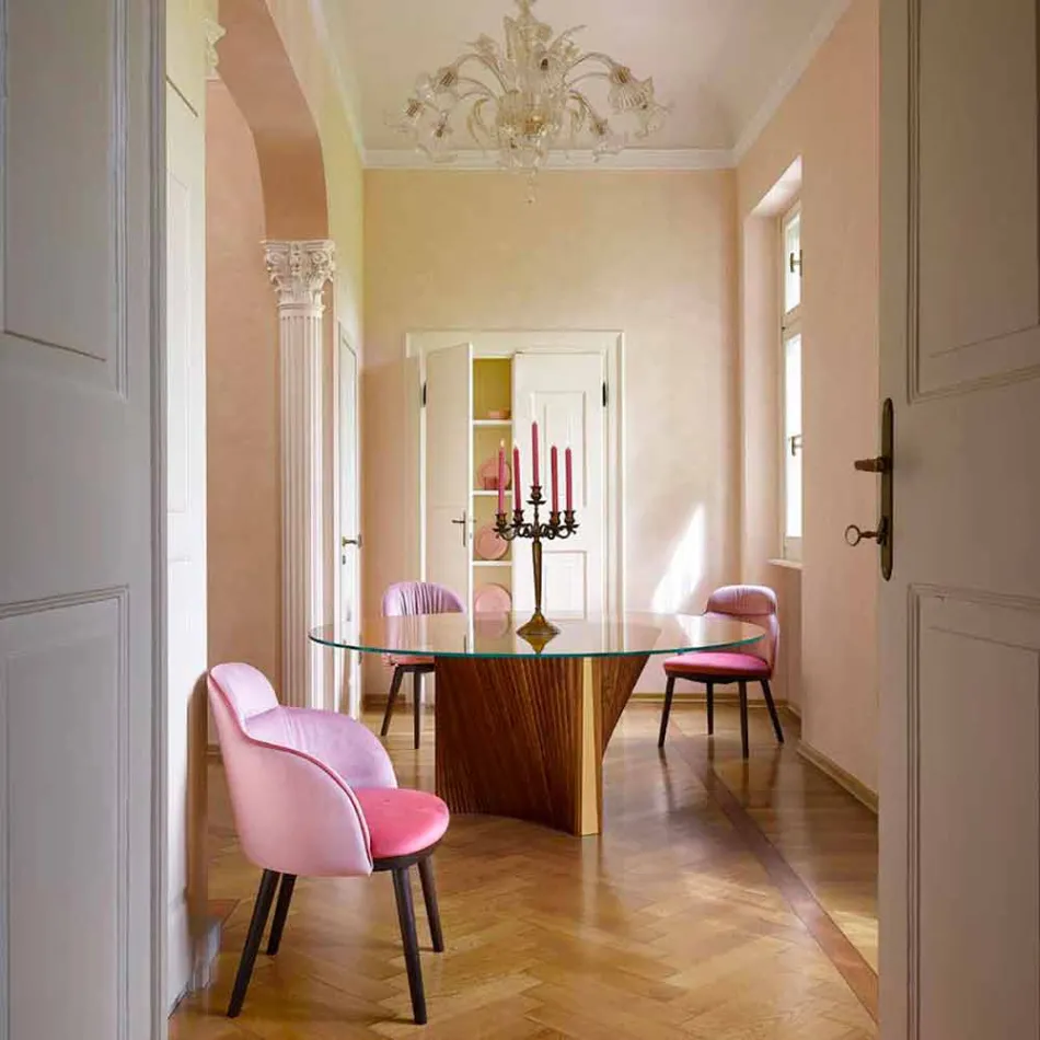 Ronde designtafel van glas en geolied essenhout Made in Italy - Madame Viadurini