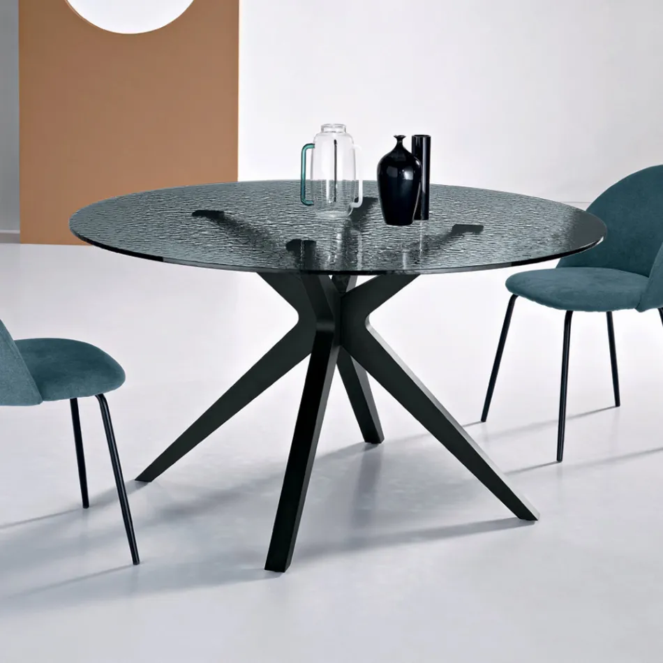 Ronde tafel met een diameter van 140 cm, gemaakt van gerookt gehamerd glas en metaal - Domus Viadurini