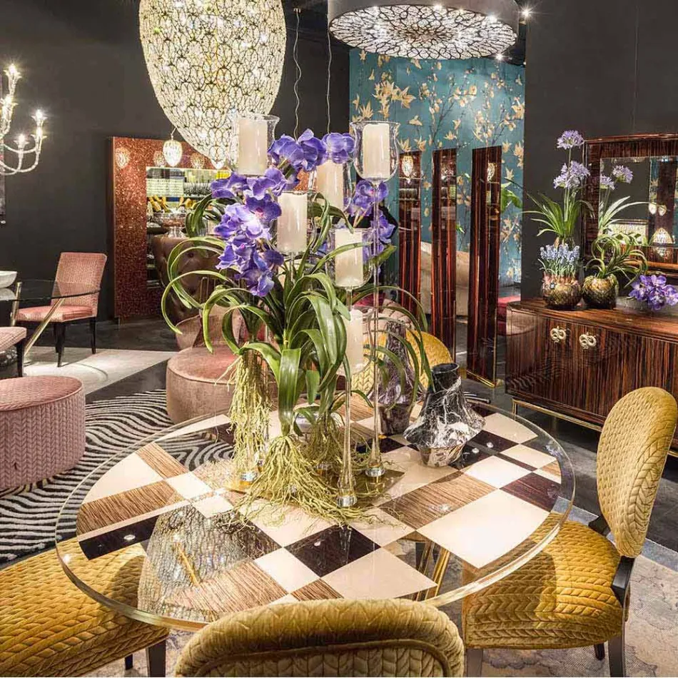 Modeno Ronde tafel met glazen blad en Ozzy houtinleg Viadurini