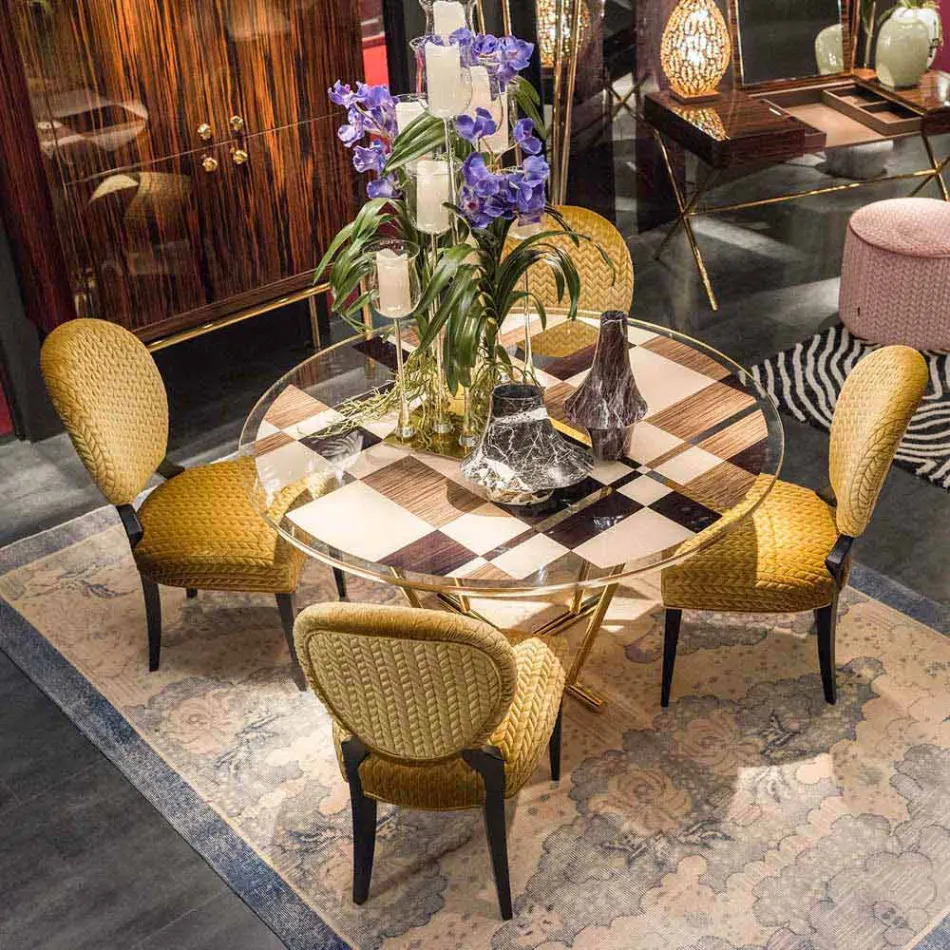 Modeno Ronde tafel met glazen blad en Ozzy houtinleg Viadurini