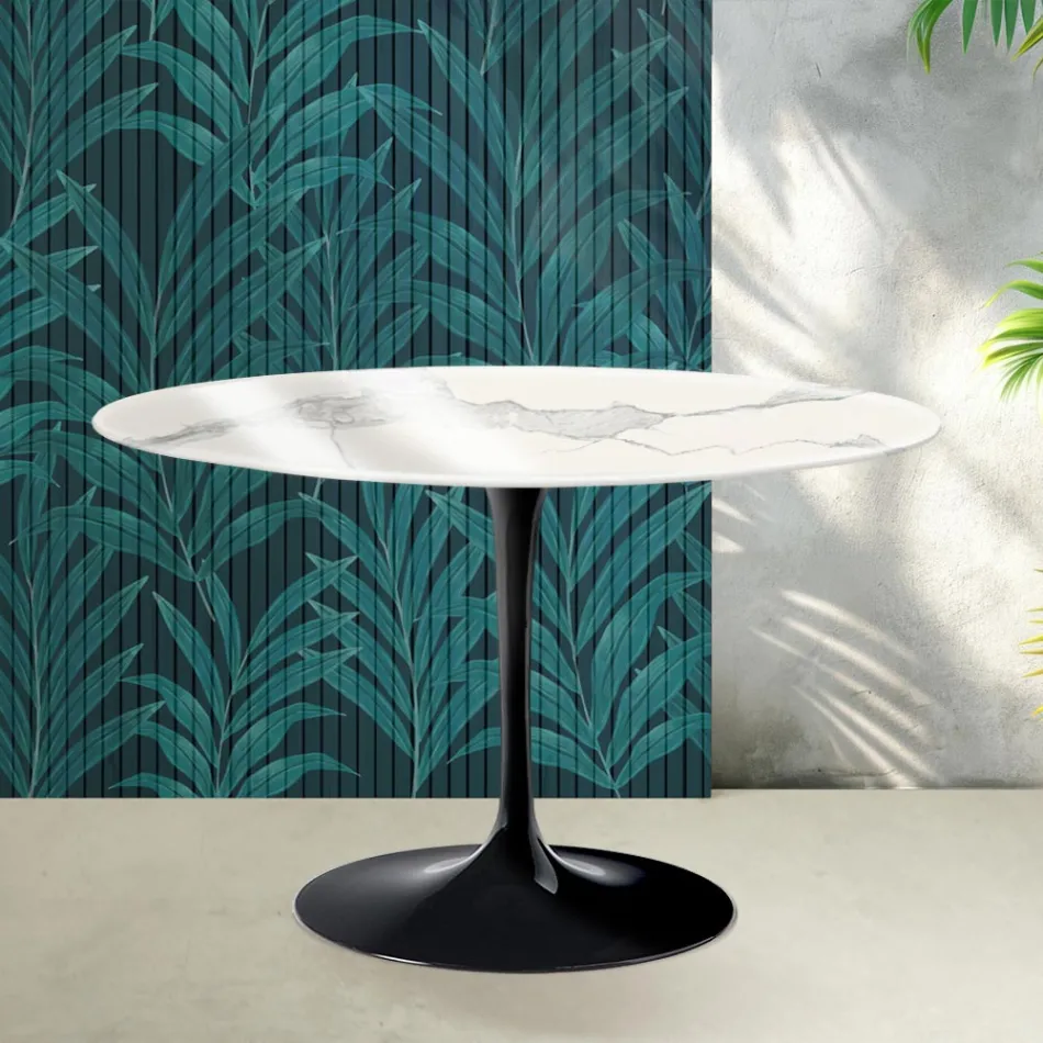 Saarinen ronde tulpvormige tafel H 74 cm in glanzend Statuario Florim keramiek - Scharlakenrood Viadurini