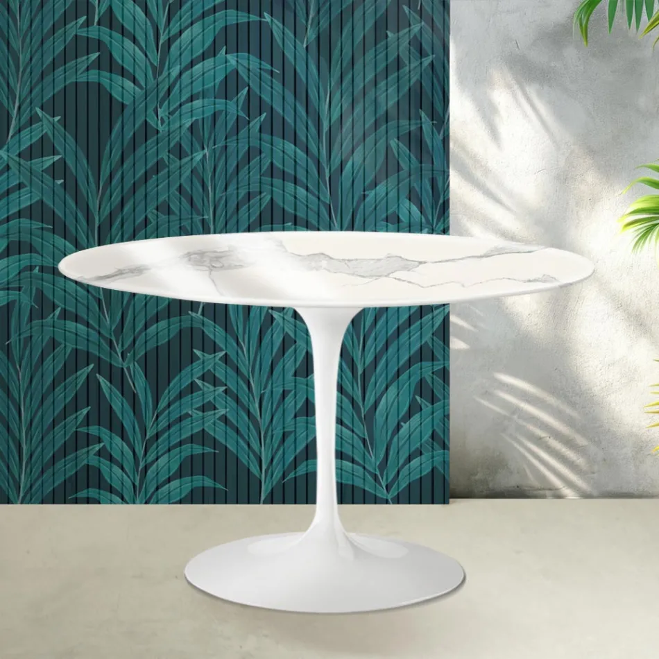 Saarinen ronde tulpvormige tafel H 74 cm in glanzend Statuario Florim keramiek - Scharlakenrood Viadurini