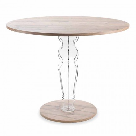 Ronde houten tafel en poot van transparant plexiglas - Maritozzo Viadurini