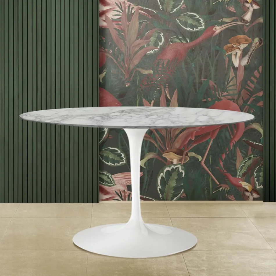 Eero Saarinen Tulip Tafel H 73 met ovalen blad in Arabescato Marmer Made in Italy - Scarlet Viadurini
