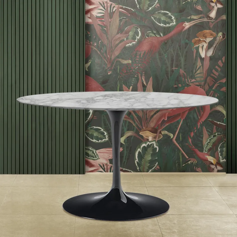 Eero Saarinen Tulip Tafel H 73 met ovalen blad in Arabescato Marmer Made in Italy - Scarlet Viadurini