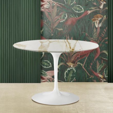 Eero Saarinen Tulip Table H 73 met rond Caracatta goud marmeren blad Viadurini