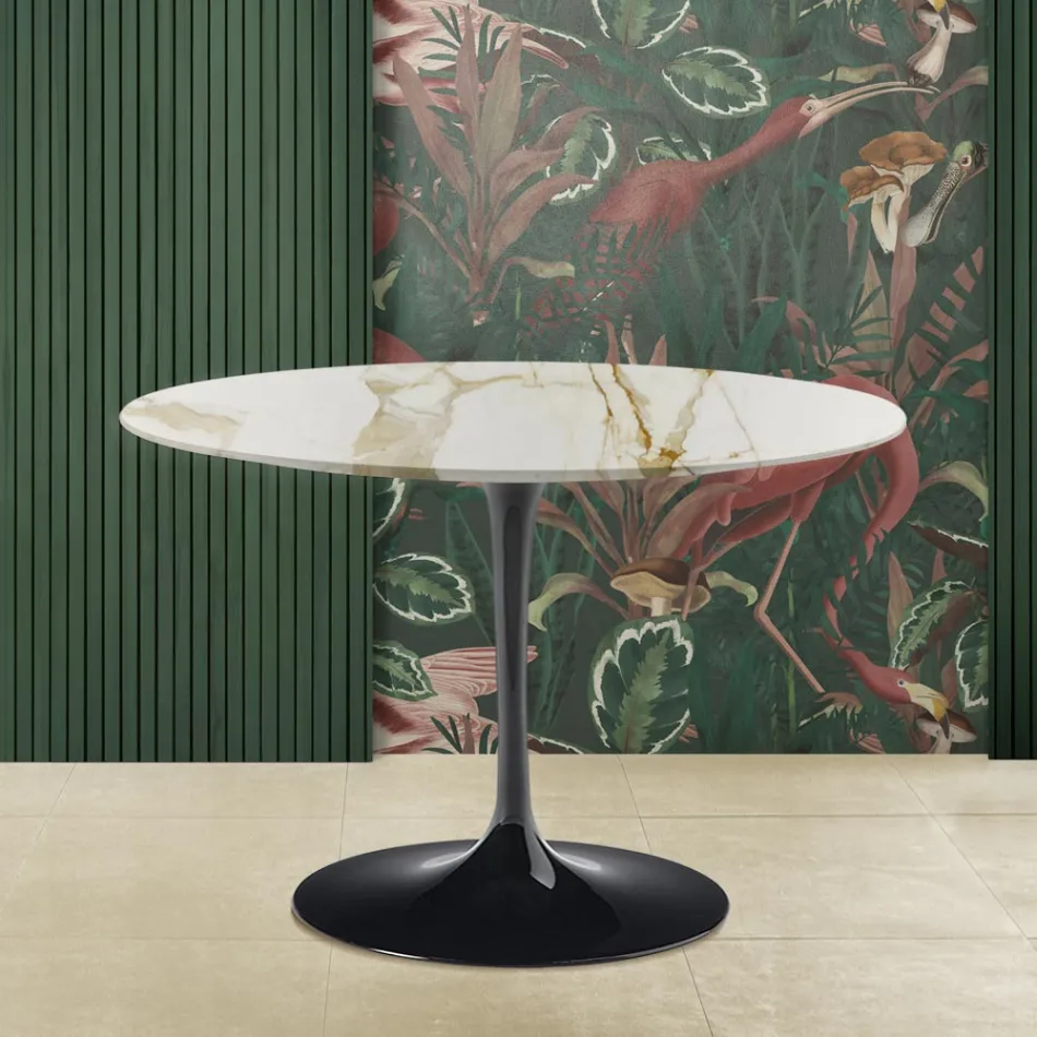 Eero Saarinen Tulip Tafel H 73 met Rond Blad in Goud Caracatta Marmer Viadurini