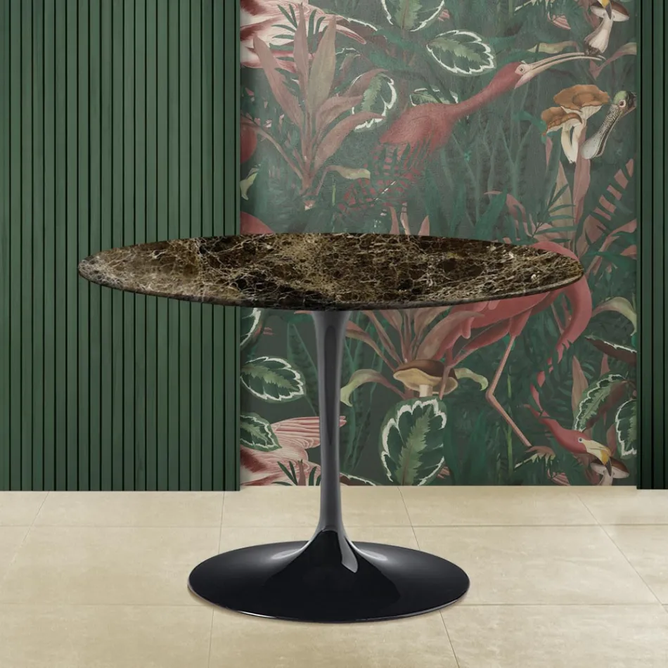 Eero Saarinen Tulip Tafel H 73 met Rond Blad in Emperador Donker Marmer Viadurini