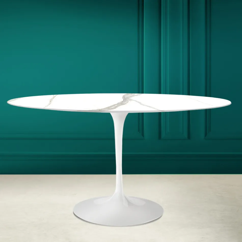 Tulp Tafel Eero Saarinen H 73 Ovaal in Calacatta Michelangelo Keramiek Viadurini