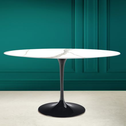 Tulp Tafel Eero Saarinen H 73 Ovaal in Calacatta Michelangelo Keramiek Viadurini