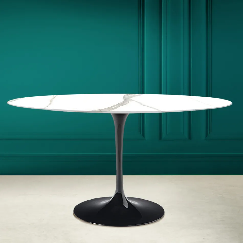 Tulp Tafel Eero Saarinen H 73 Ovaal in Calacatta Michelangelo Keramiek Viadurini