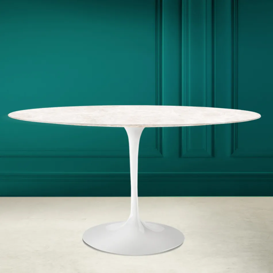 Tulp Tafel Eero Saarinen H 73 Ovaal in Diamant-crème Keramiek Made in Italy - Scharlaken Viadurini