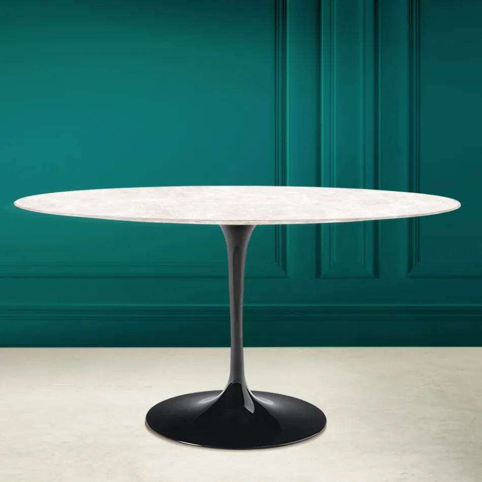 Tulp Tafel Eero Saarinen H 73 Ovaal in Diamant-crème Keramiek Made in Italy - Scharlaken Viadurini