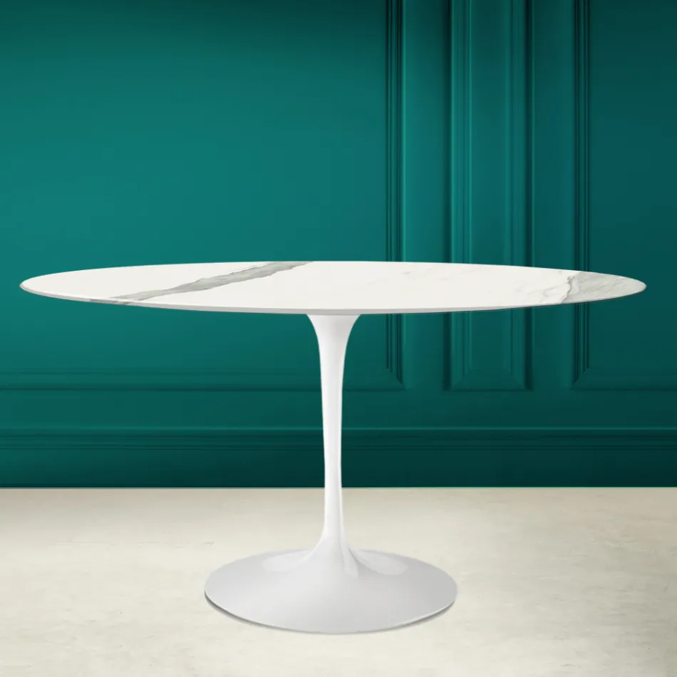 Tulip Tafel Eero Saarinen H 73 Ovaal in Statuario Keramiek volle ader - Scharlaken Viadurini