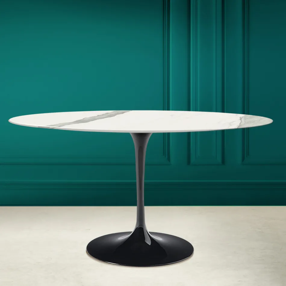 Tulip Tafel Eero Saarinen H 73 Ovaal in Statuario Keramiek volle ader - Scharlaken Viadurini