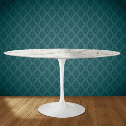 Eero Saarinen Tulpentafel H 74 Ovaal in Glanzend Keramiek Gemaakt in Italië - Scharlakenrood Viadurini
