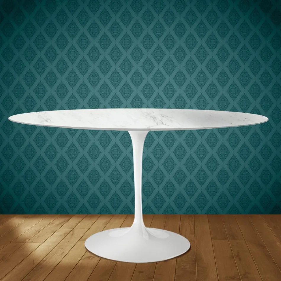 Eero Saarinen Tulpentafel H 74 Ovaal in Salina Keramiek Gemaakt in Italië - Scharlakenrood Viadurini