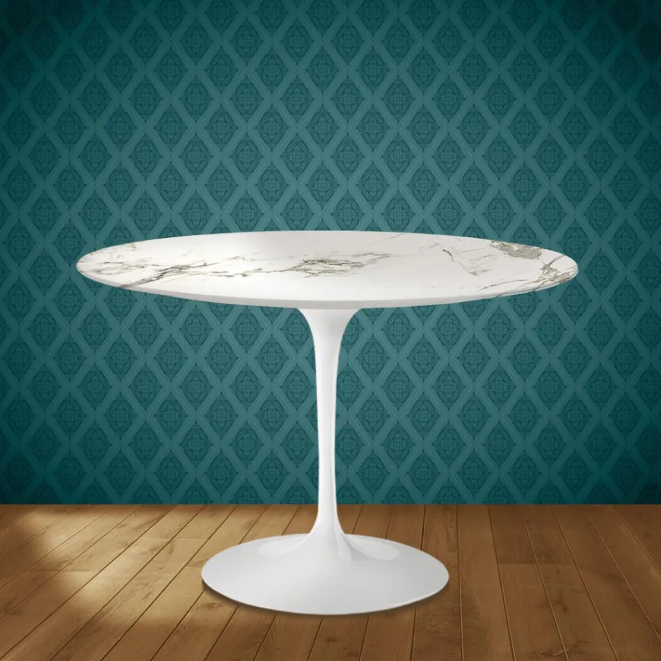 Eero Saarinen Tulpentafel H 74 Rond in Keramiek Aura 22 Gemaakt in Italië - Scharlakenrood Viadurini