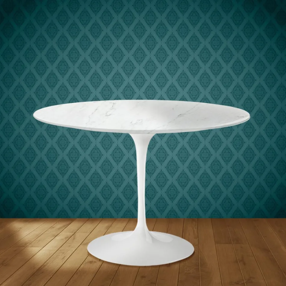 Eero Saarinen Tulpentafel H 74 Rond in Salina Keramiek Gemaakt in Italië - Scharlakenrood Viadurini