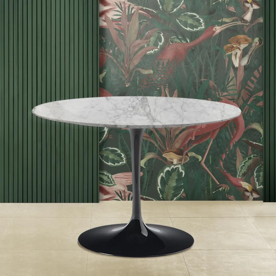 Tulip Tafel Saarinen H 73 met rond blad in Arabescato Marmer Made in Italy Viadurini