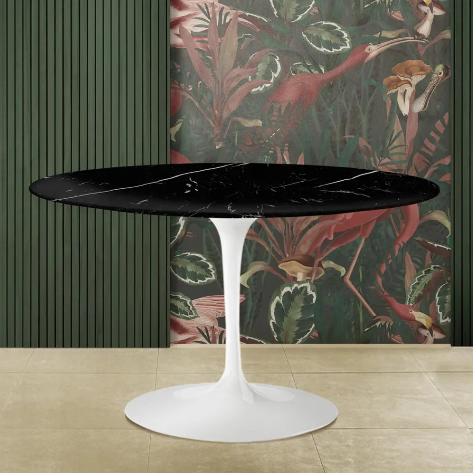 Tulip Tafel Saarinen H 73 met Rond Bovenblad in Zwart Marquinia Marmer Made in Italy - Scarlet Viadurini