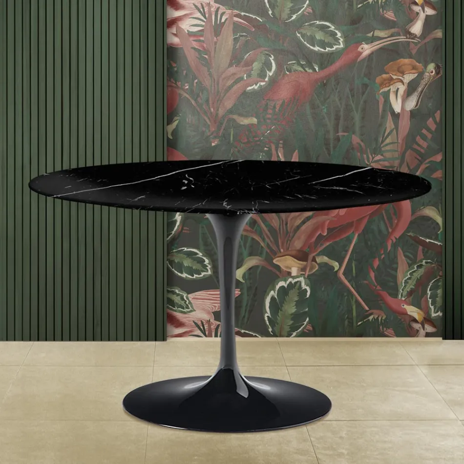 Saarinen Tulip Tafel H 73 met Rond Bovenblad in Zwart Marquinia Marmer Made in Italy - Scarlet Viadurini