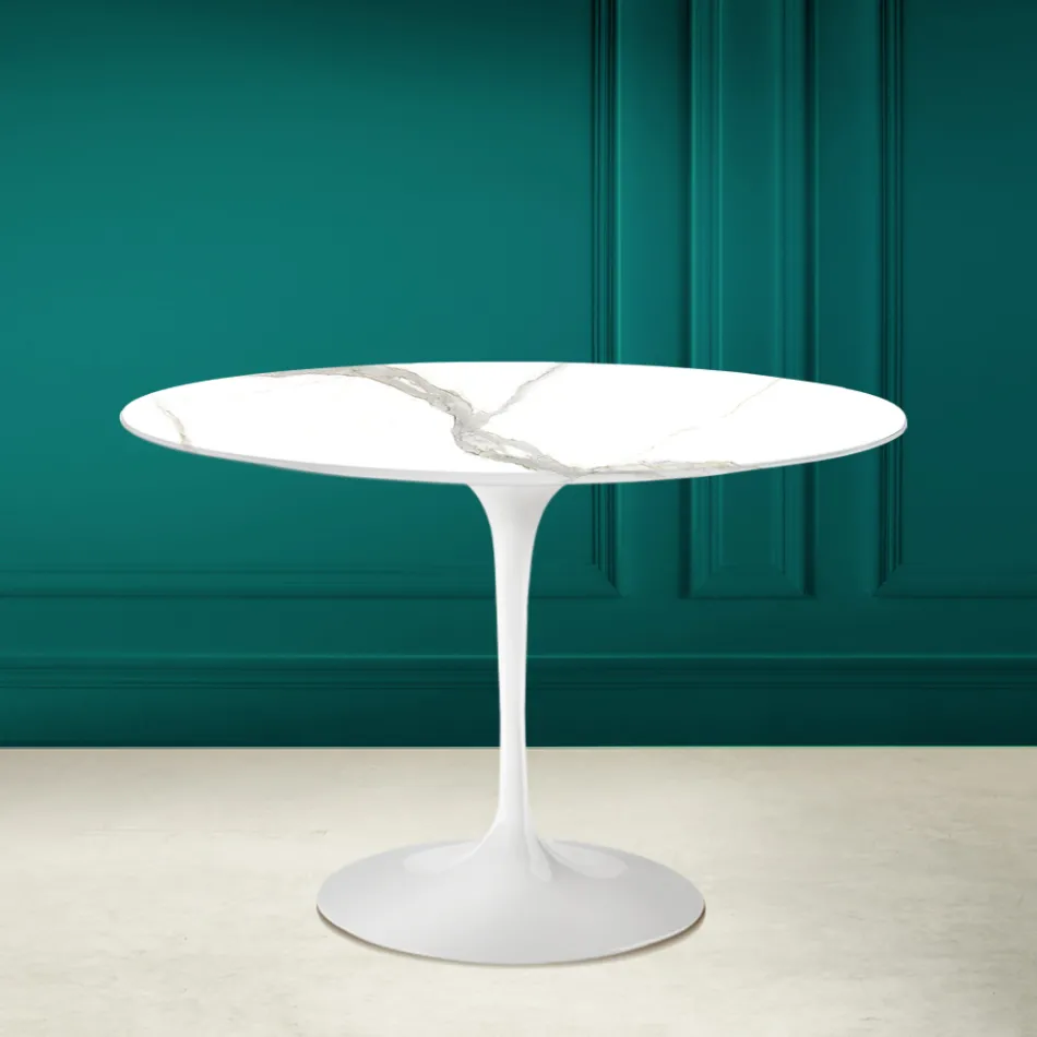 Tulp Tafel Saarinen H 73 Rond in Keramiek Calacatta Michelangelo Viadurini