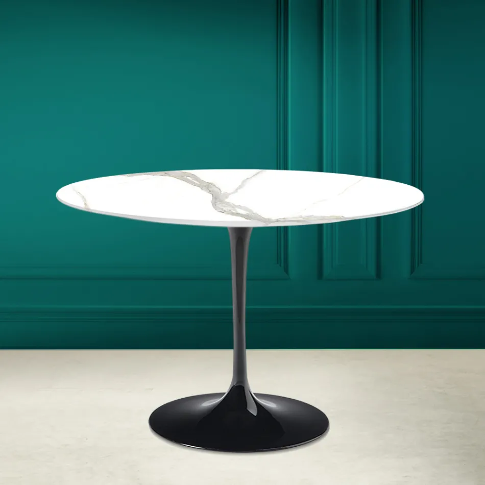 Tulp Tafel Saarinen H 73 Rond in Keramiek Calacatta Michelangelo Viadurini