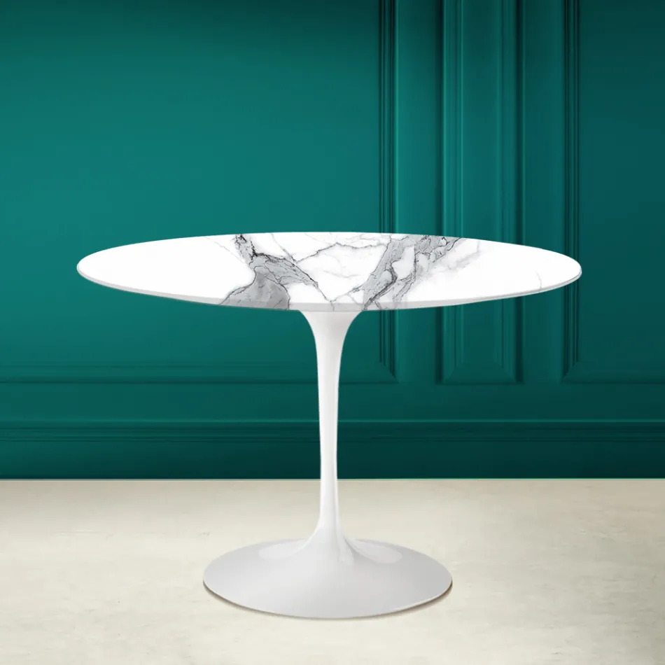 Tulp Tafel Saarinen H 73 Rond Keramisch Statuario Altissimo Made in Italy - Scharlaken Viadurini