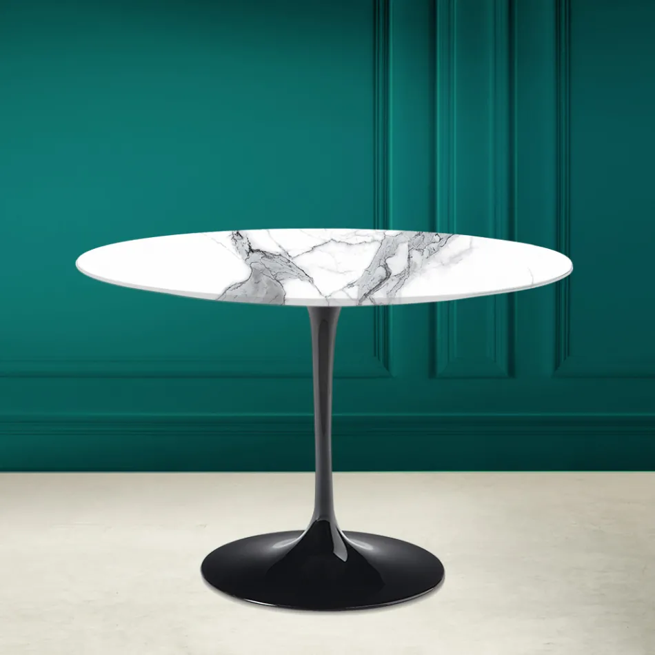 Tulp Tafel Saarinen H 73 Rond Keramisch Statuario Altissimo Made in Italy - Scharlaken Viadurini