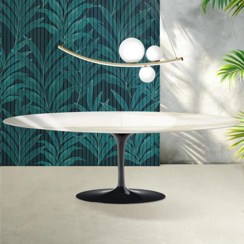 Saarinen Tulpentafel H 74 cm Uitschuifbaar in Florim Calacatta Goudglans Keramiek - Scharlakenrood Viadurini