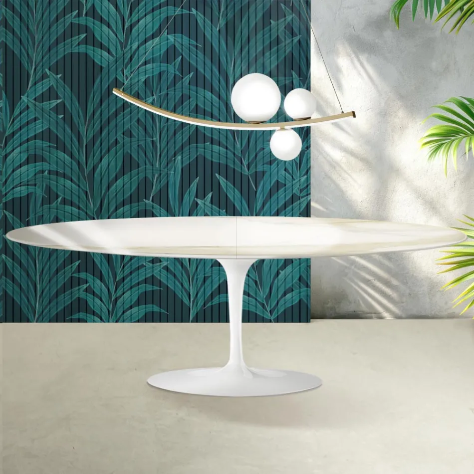 Saarinen Tulpentafel H 74 cm Uitschuifbaar in Florim Calacatta Goudglans Keramiek - Scharlakenrood Viadurini
