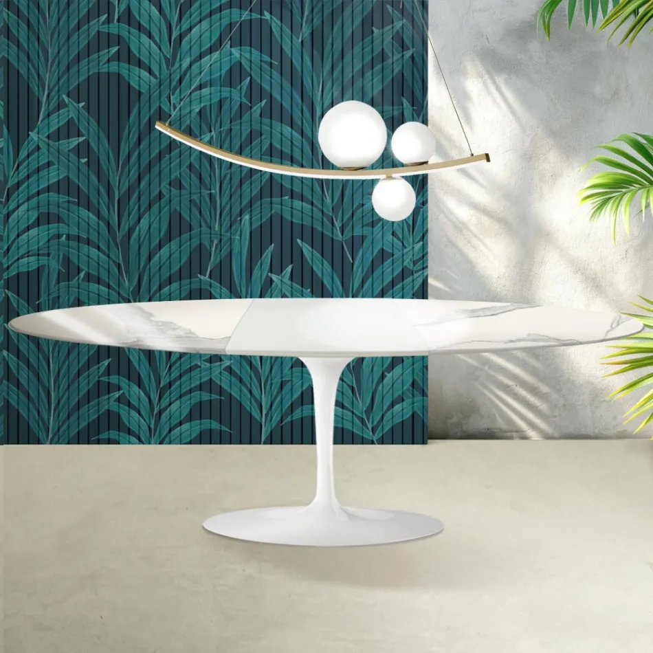 Saarinen Tulpentafel H 74 cm Uitschuifbaar in Florim Statuario Glanzend Keramiek - Scharlakenrood Viadurini