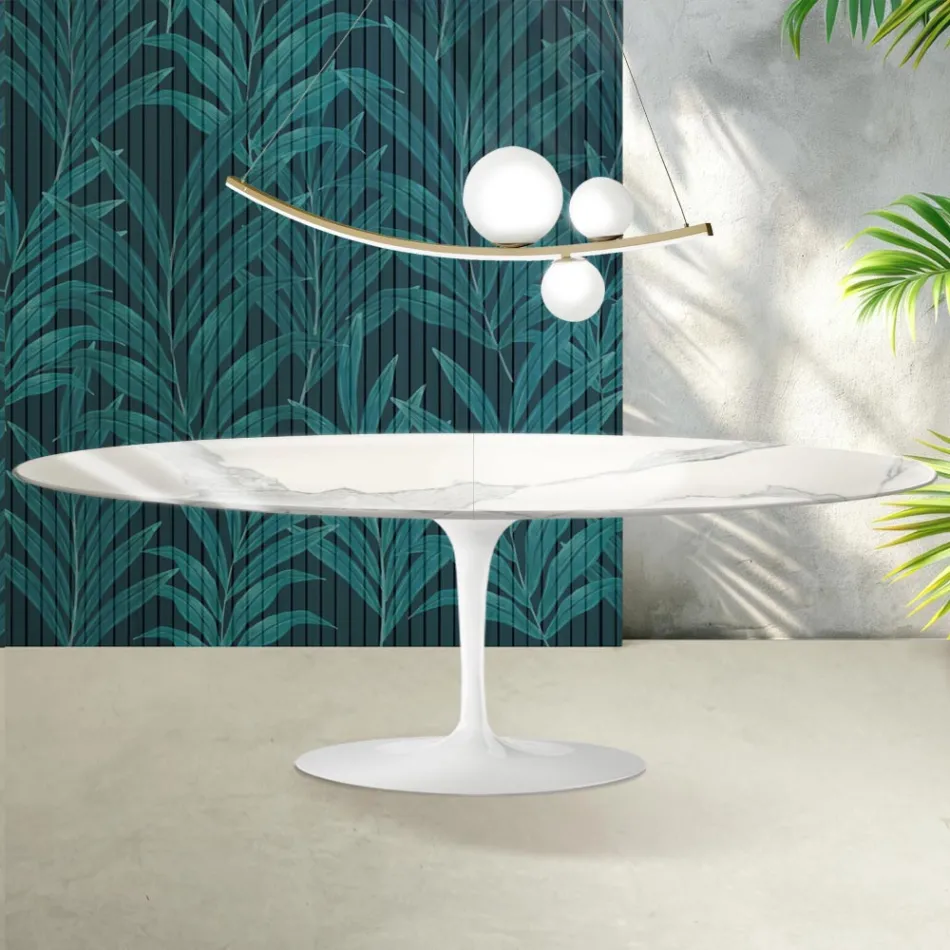 Saarinen Tulpentafel H 74 cm Uitschuifbaar in Florim Statuario Glanzend Keramiek - Scharlakenrood Viadurini