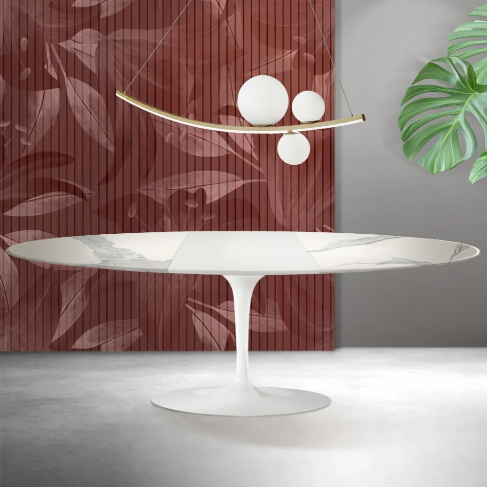 Saarinen Tulip bijzettafel H 74 cm uitschuifbaar in Florim Statuario mat keramiek - Scharlakenrood Viadurini