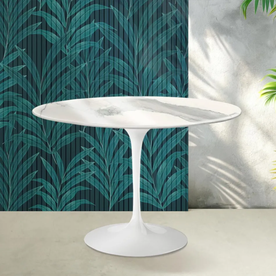 Tulip Saarinen tafel H 74 cm in Florim Statuario Lucido keramiek - Scarlet Viadurini
