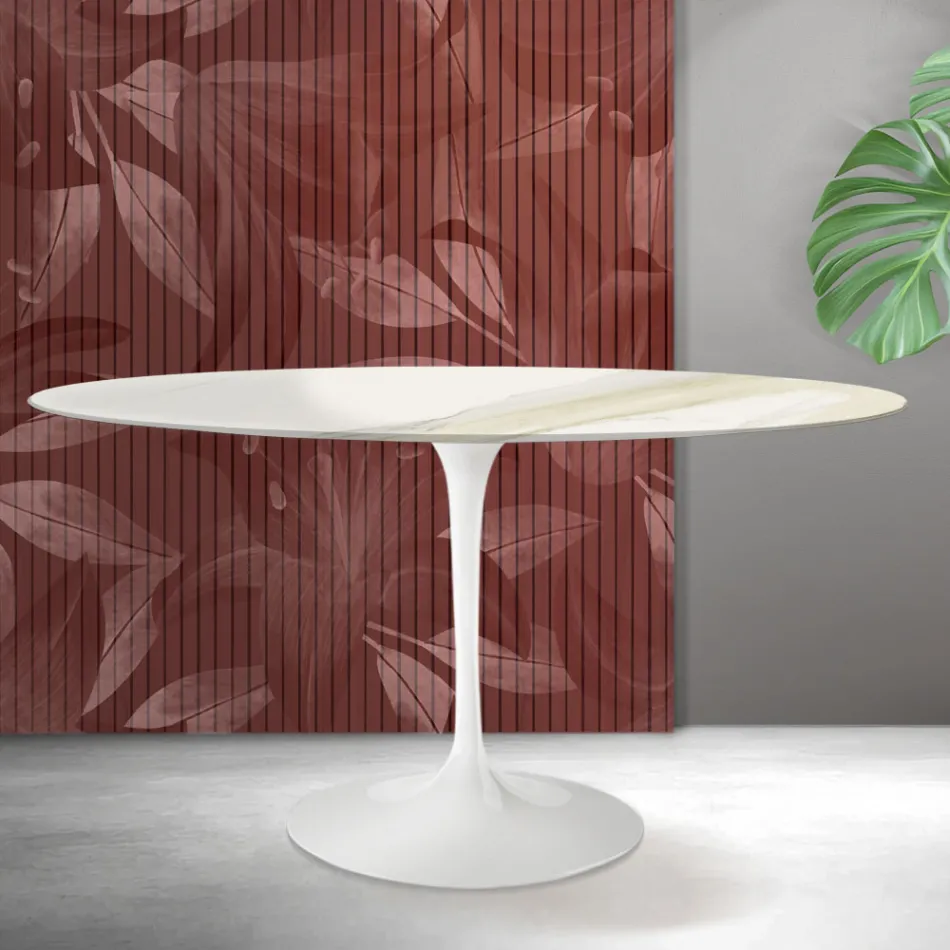 Saarinen Tulpentafel H 74 cm Rond in Florim Calacatta Goud Mat Keramiek - Scharlakenrood Viadurini
