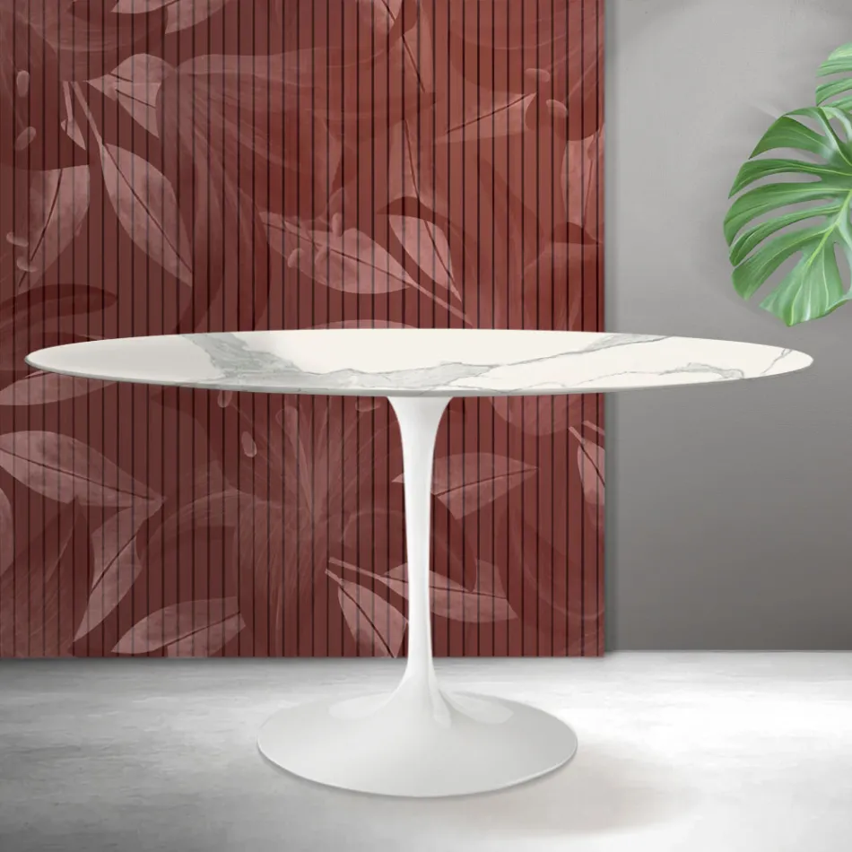 Saarinen Tulpentafel H 74 cm Rond in Florim Statuario Mat Keramiek - Scharlakenrood Viadurini