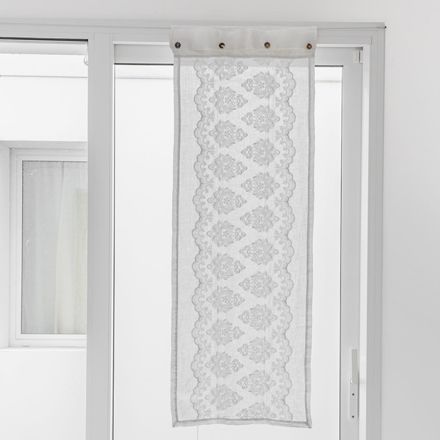 Wit glazen gordijn van licht linnen met gotisch katoenborduurwerk - Gegia Viadurini