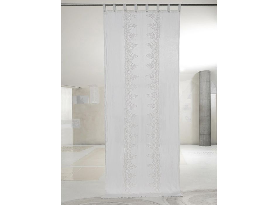 Wit en licht linnen gordijn met elegant centraal kantontwerp - Geogeo Viadurini