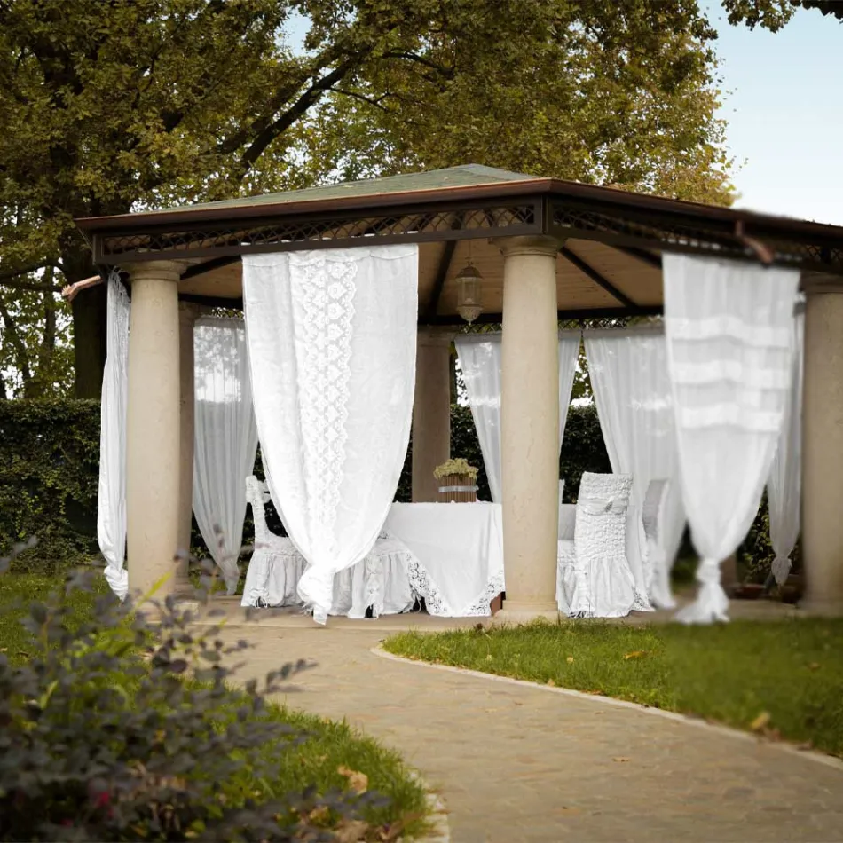 Retro licht linnen gordijn met organza en Italiaans luxe borduurwerk - Marinella Viadurini