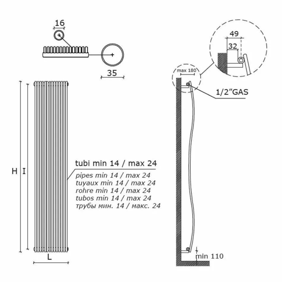 Verticale Badkamerradiator Modern Design Golvend 1181 Watt - Tucano Viadurini