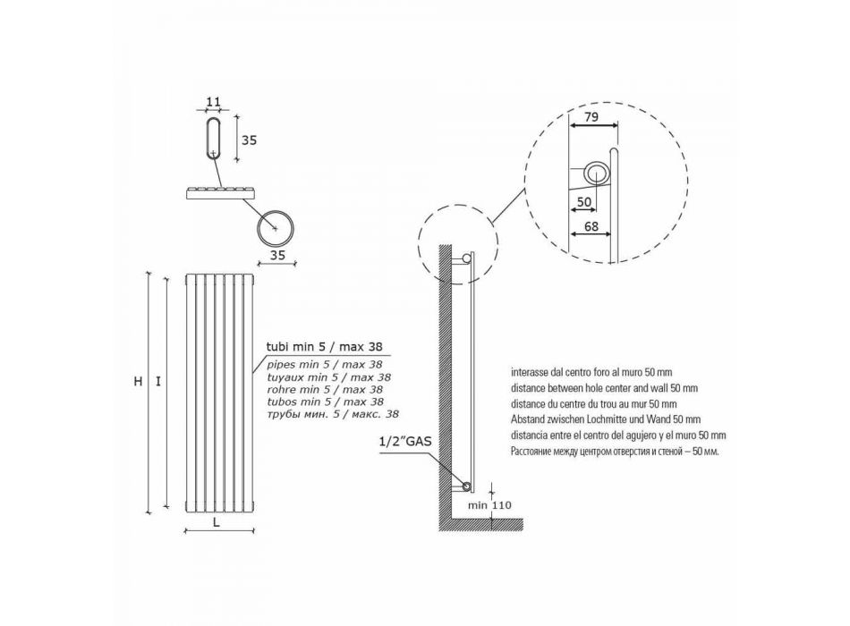 Modern Design Verticale Hydraulische Wandradiator tot 1224 Watt - Regolo Viadurini