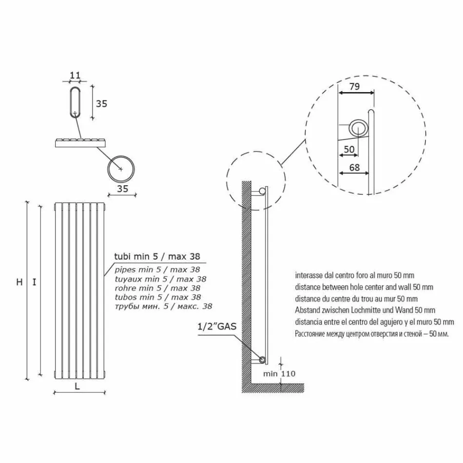 Modern Design Verticale Hydraulische Wandradiator tot 1224 Watt - Regolo Viadurini