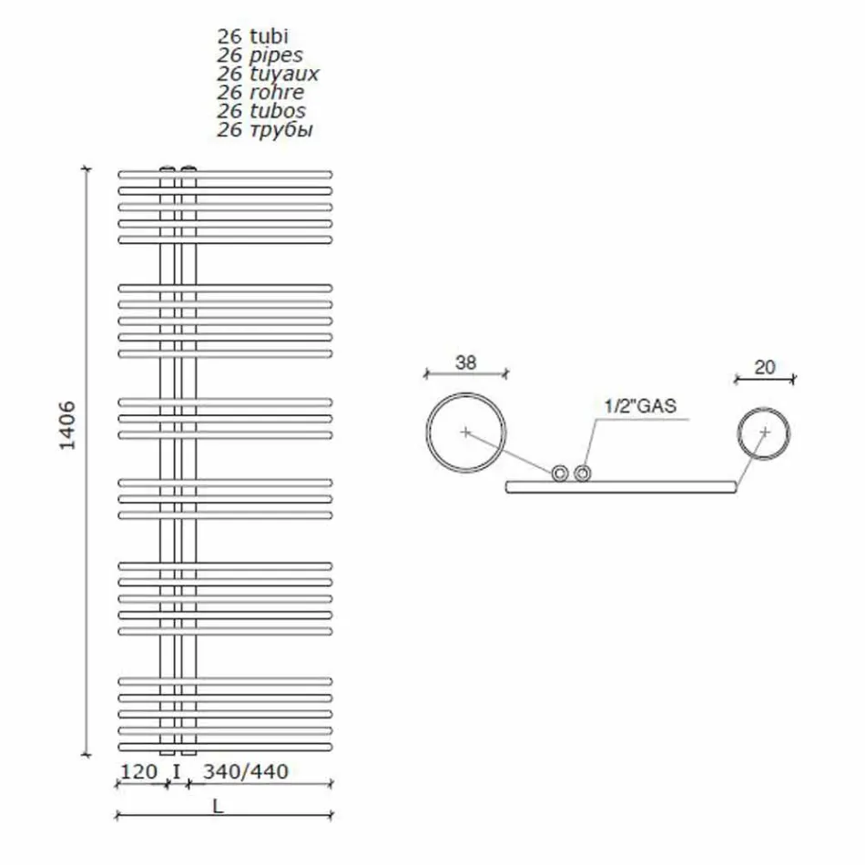 Radiator Chrome Handdoekverwarmer in staal Hydraulisch ontwerp 483 W - Pavone Viadurini