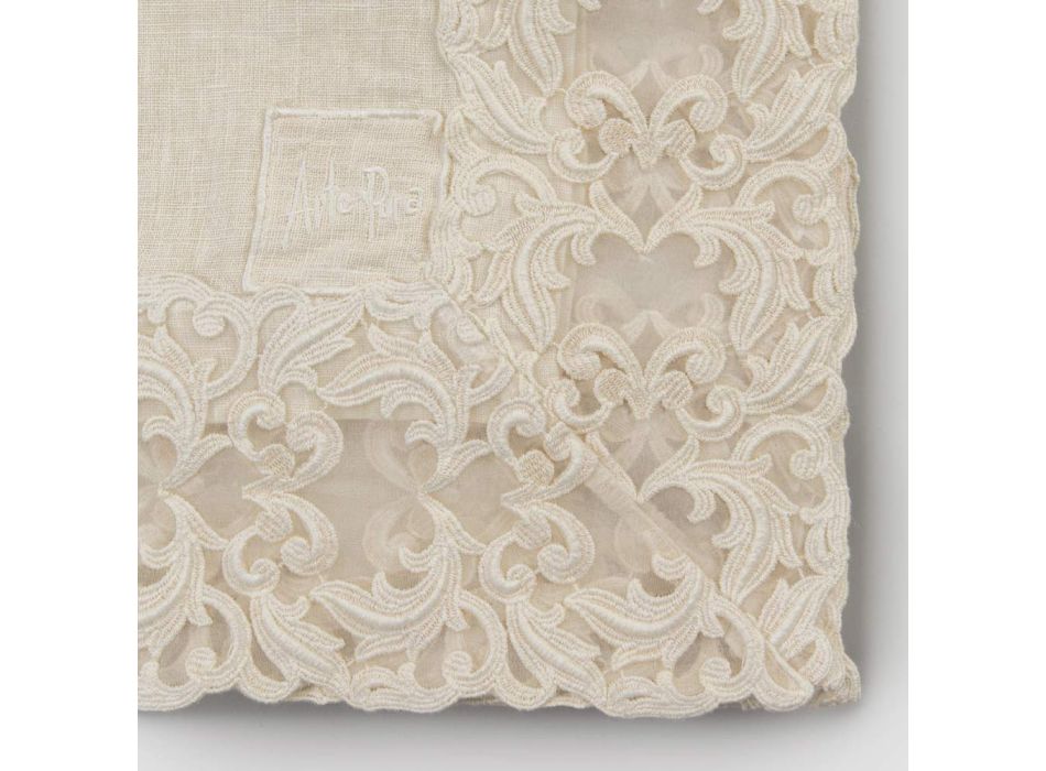 Beige linnen vierkant tafelkleed met handgemaakte luxe Farnese kant - Kippel Viadurini