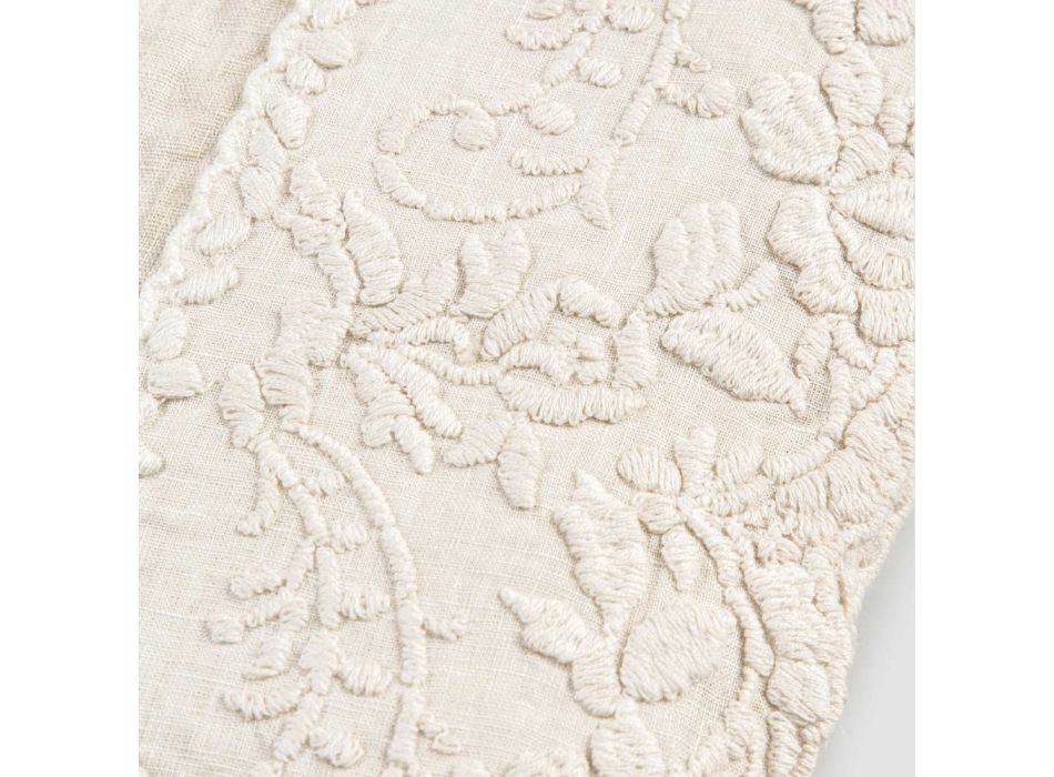 Beige linnen vierkant tafelkleed met handgemaakte luxe bloemblaadjes borduurwerk - Vippel Viadurini