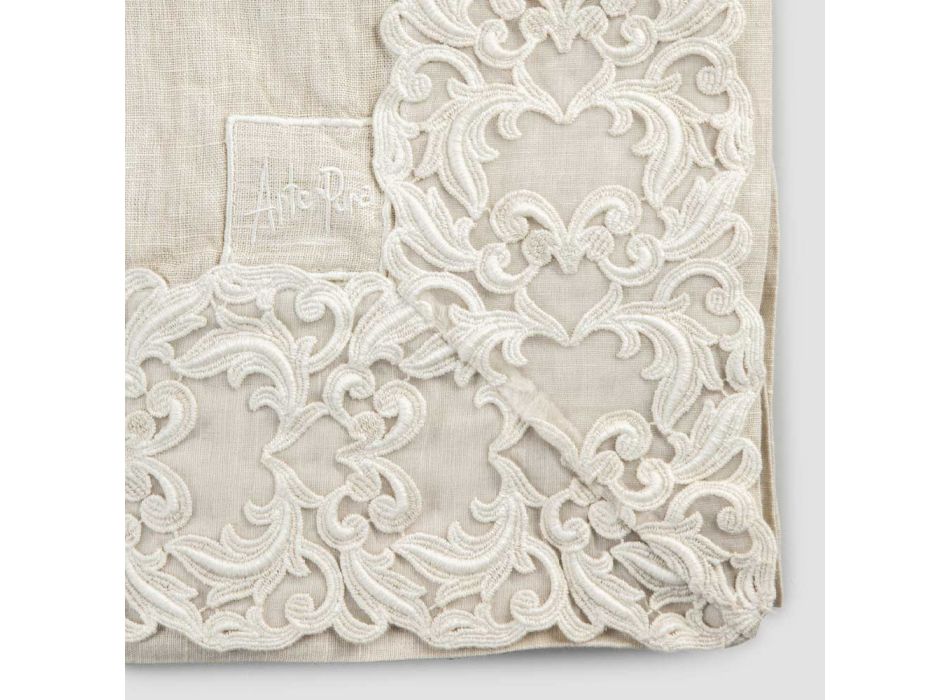 Rechthoekig tafelkleed van beige linnen met ambachtelijk luxe Farnese kant - Kippel Viadurini